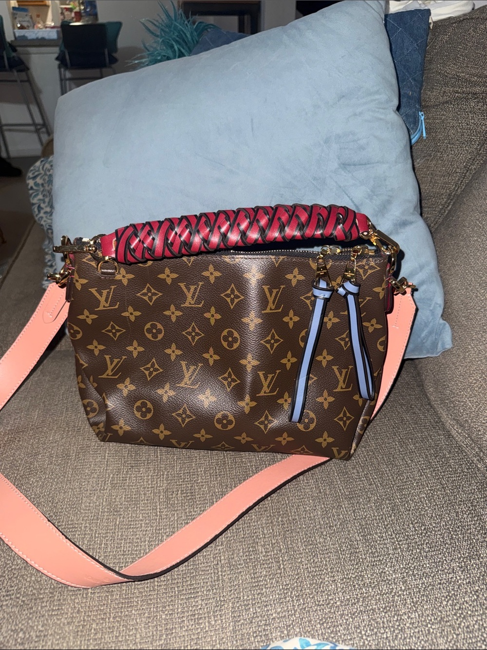 Monogram Shoulder Bag with Pink Strap and Red Braided Handle